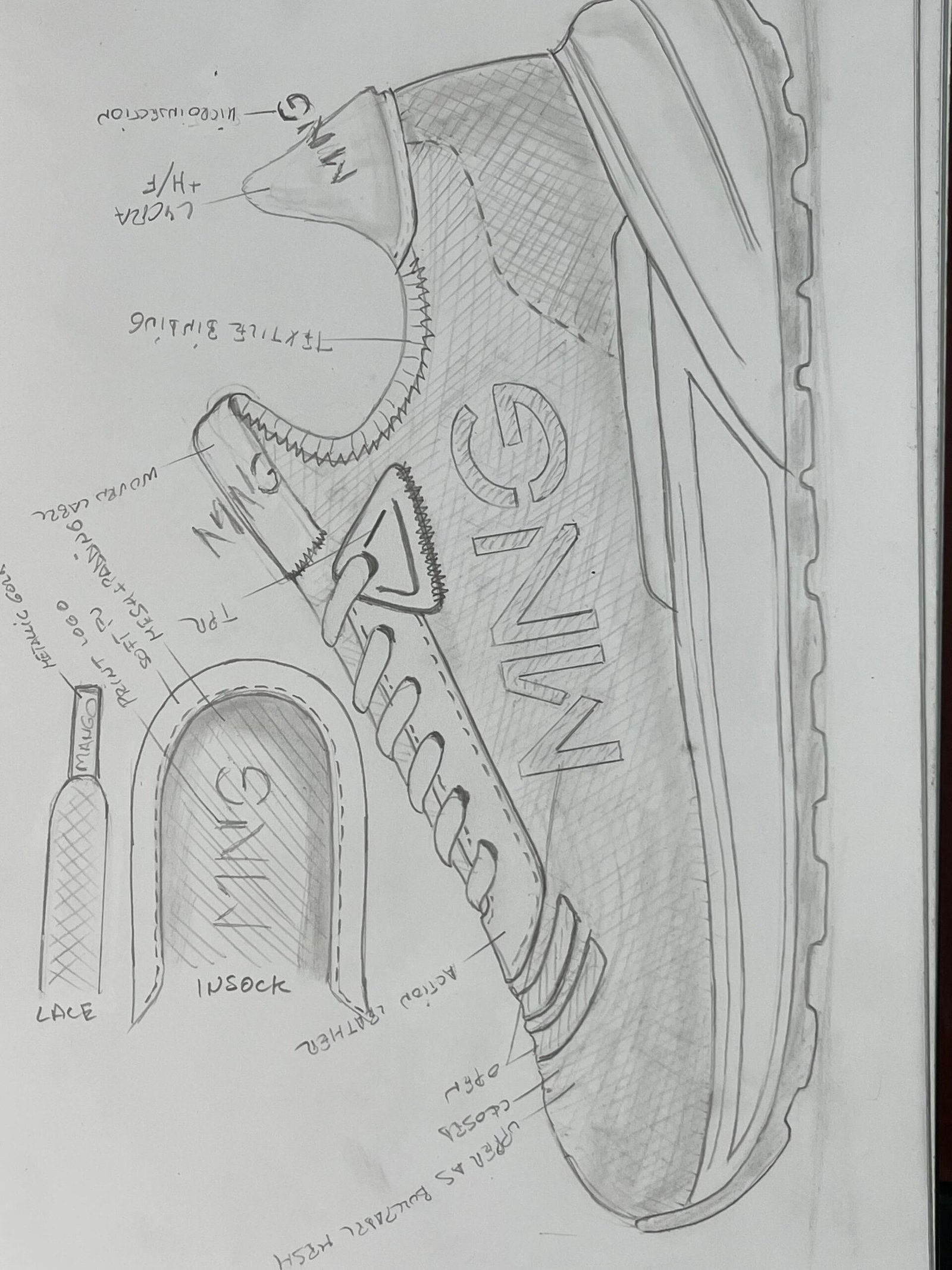 Technical sneaker development drawing with construction details, material notes and midsole structure illustrating the footwear design and development process.