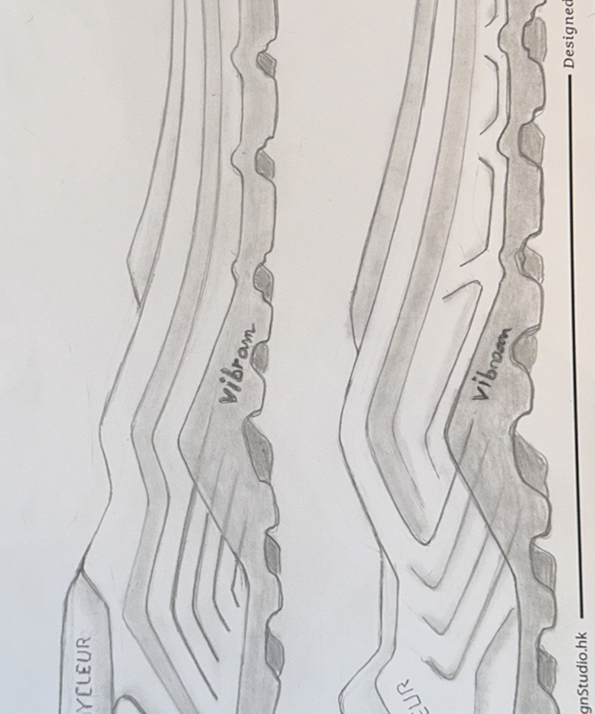 Sneaker outsole design sketches displaying tread patterns, tooling layouts and functional sole construction for athletic footwear.